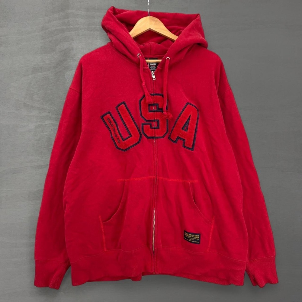 Vintage Polo Jeans Co Ralph Lauren Zip Hoodie Red USA Graphic Sweatshirt XXL